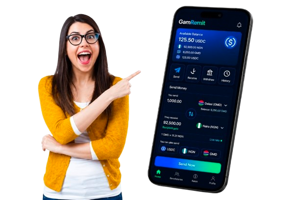 GamRemit app showing available balance and a send-money screen with a live GMD to NGN exchange rate