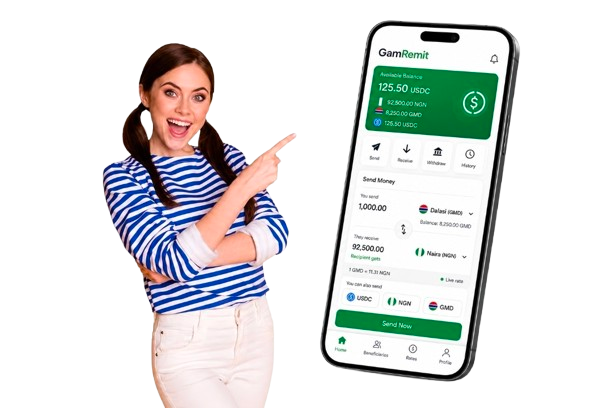 GamRemit app in green theme showing available balance and a send-money screen